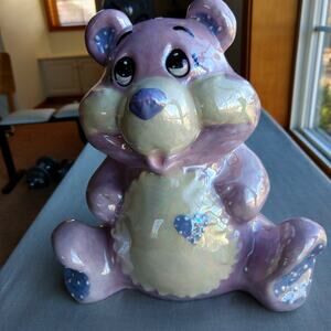 VTG 80s Ceramic Teddy Bear Bank iridescent lavender 9" H purple patch cottage